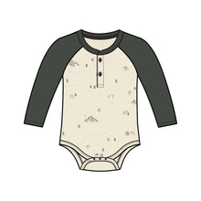 Load image into Gallery viewer, Lucas Raglan Henley Bodysuit: Trees / Stone + Graphite / 3-6M