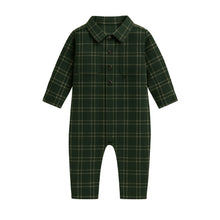Load image into Gallery viewer, Bohdi Flannel Collared Romper: Chestnut Plaid / 3-6M