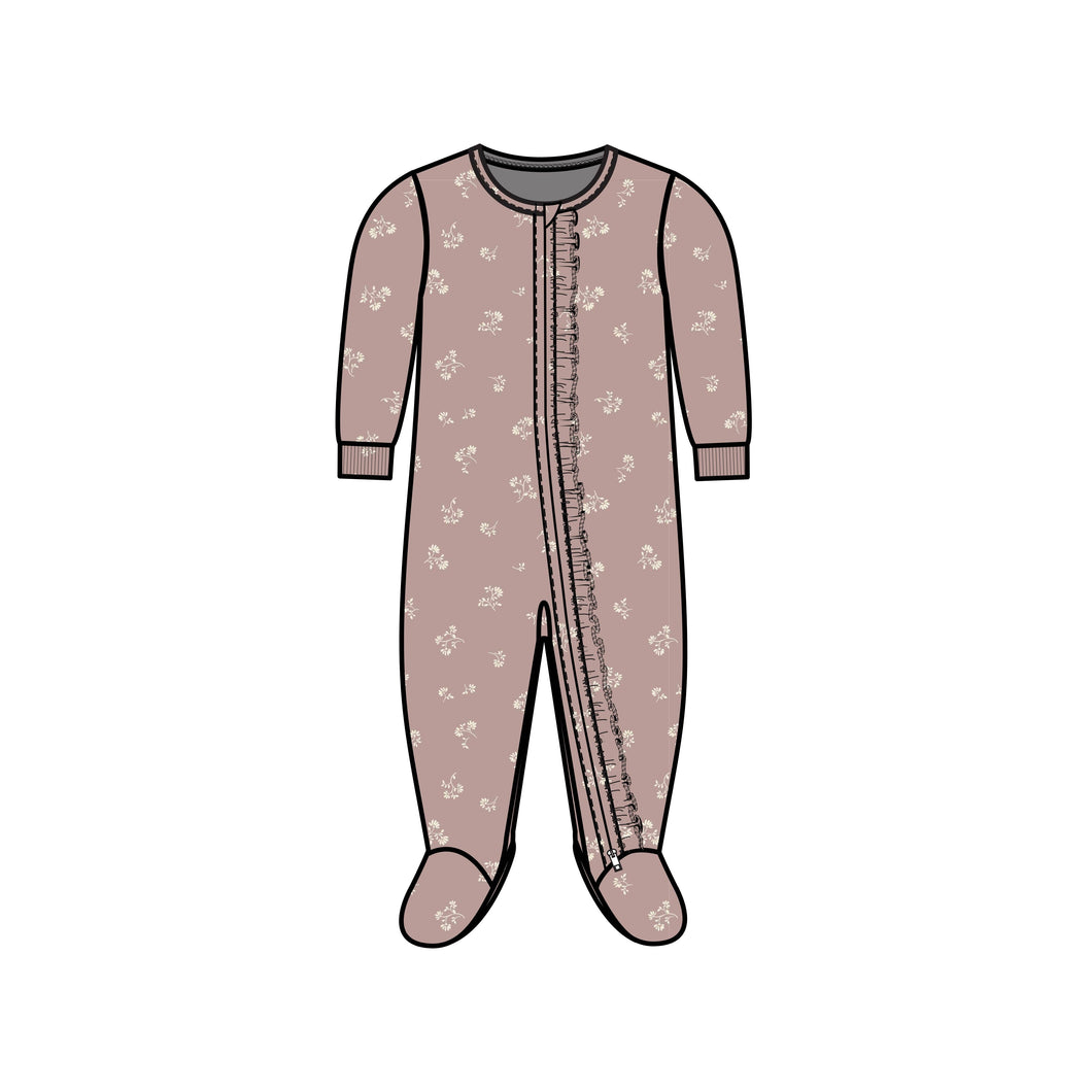 Neve Ruffle Zipper Sleeper: Ophelia Floral / Mauve / 12-18M