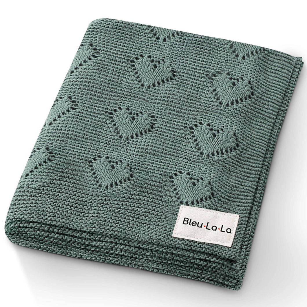 100% Luxury Cotton Receiving Swaddle Baby Blanket - Heart: Sage