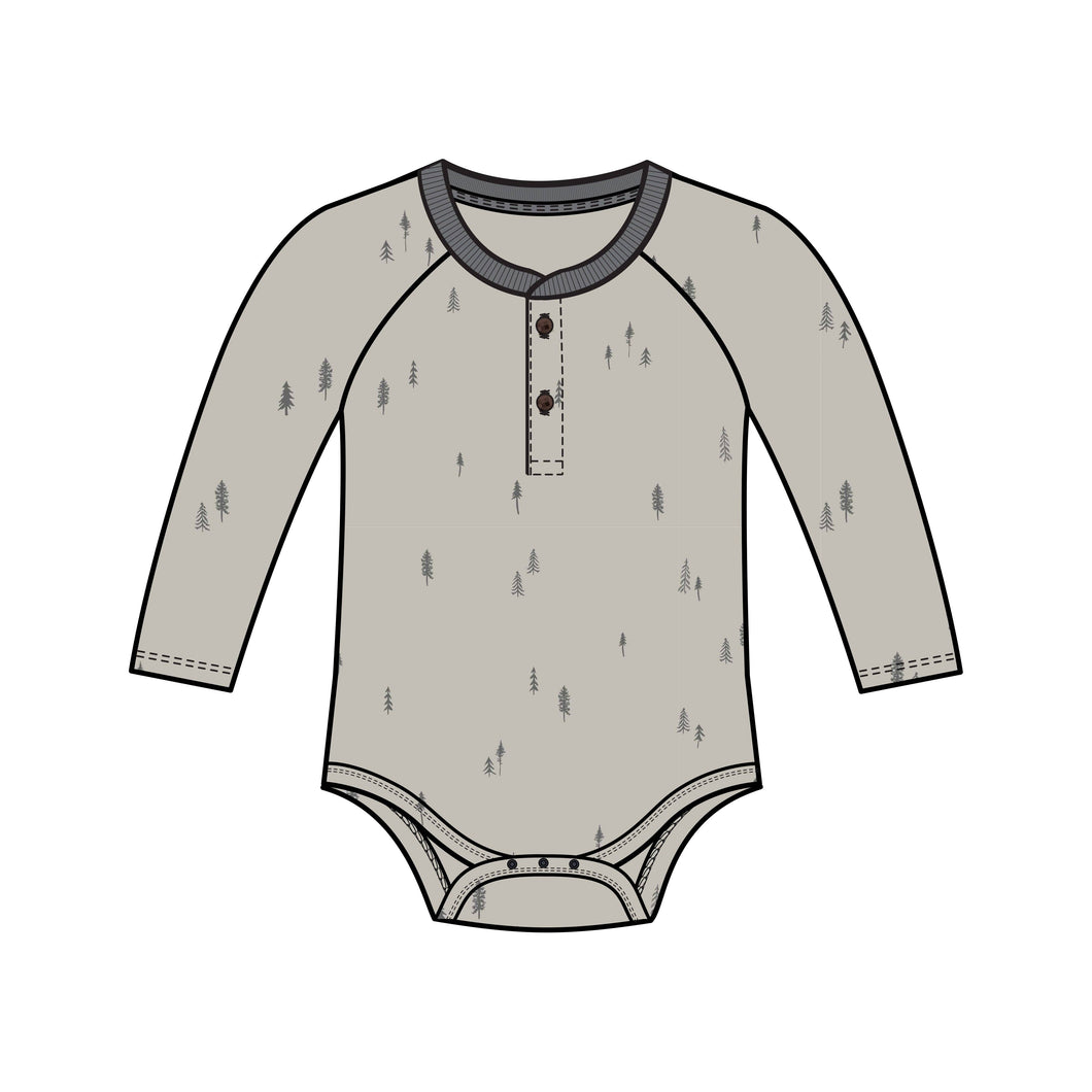 Lucas Raglan Henley Bodysuit: Trees / Stone + Graphite / 12-18M