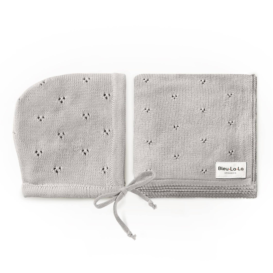 100% Organic Cotton Luxury Organic Blanket + Bonnet Hat Set: Gray