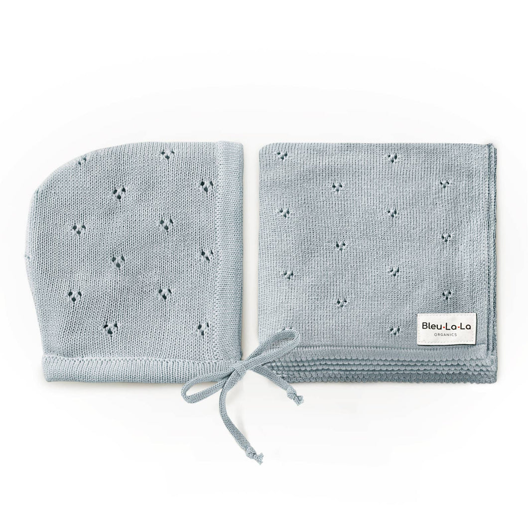 100% Organic Cotton Luxury Organic Blanket + Bonnet Hat Set: Blue