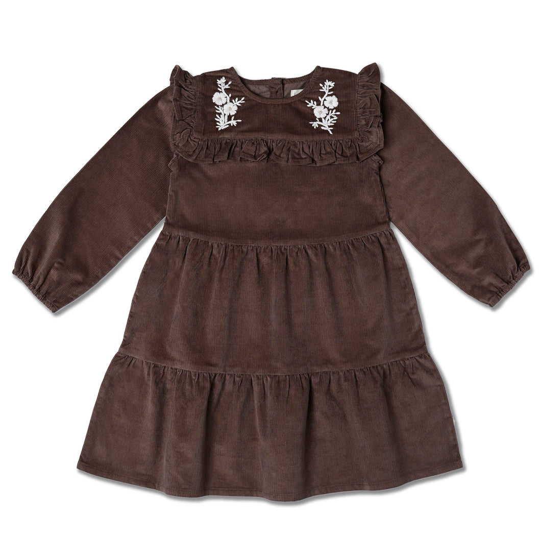 Organic Embroidered Corduroy Dress - Dark Brown: 4Y
