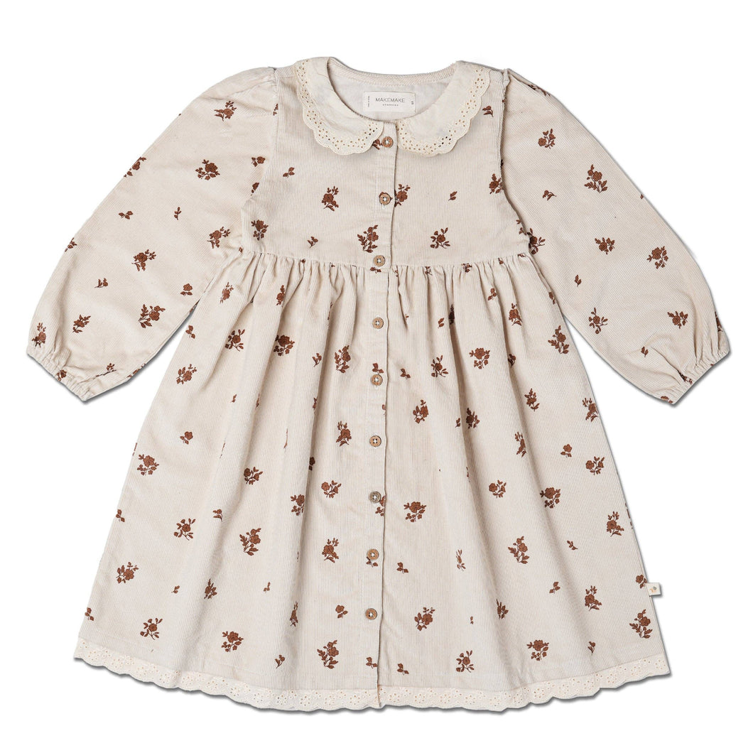 Organic Corduroy Collared Button Dress - Brown Floral: 3Y