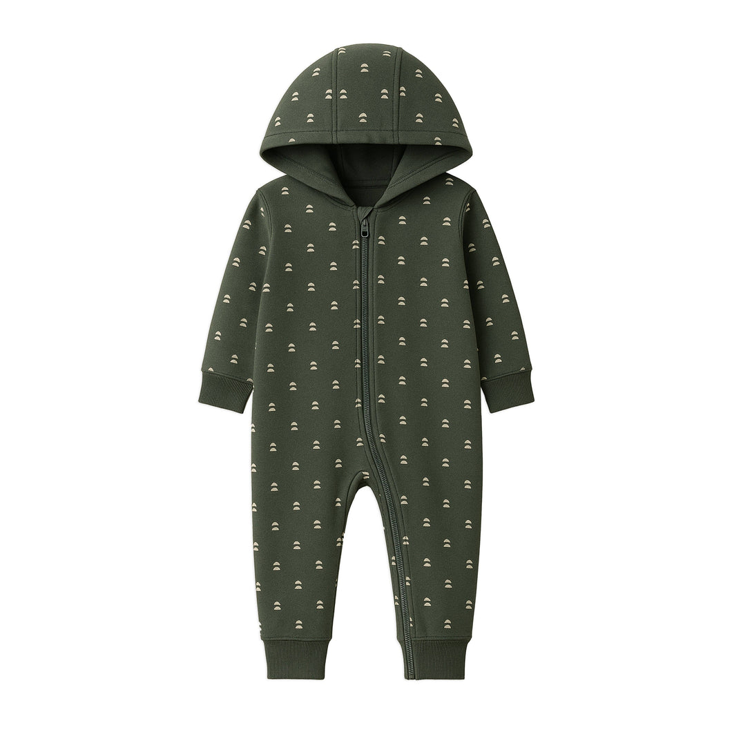 Greer Fleece Hooded Zipper Romper: Bent / Pine / 0-3M