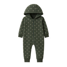 Load image into Gallery viewer, Greer Fleece Hooded Zipper Romper: Bent / Pine / 3-6M
