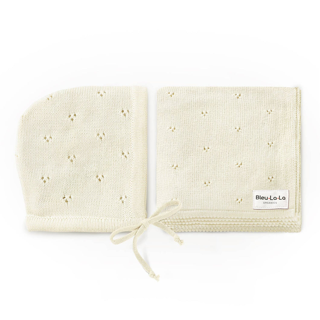 100% Organic Cotton Luxury Organic Blanket + Bonnet Hat Set: Off-White