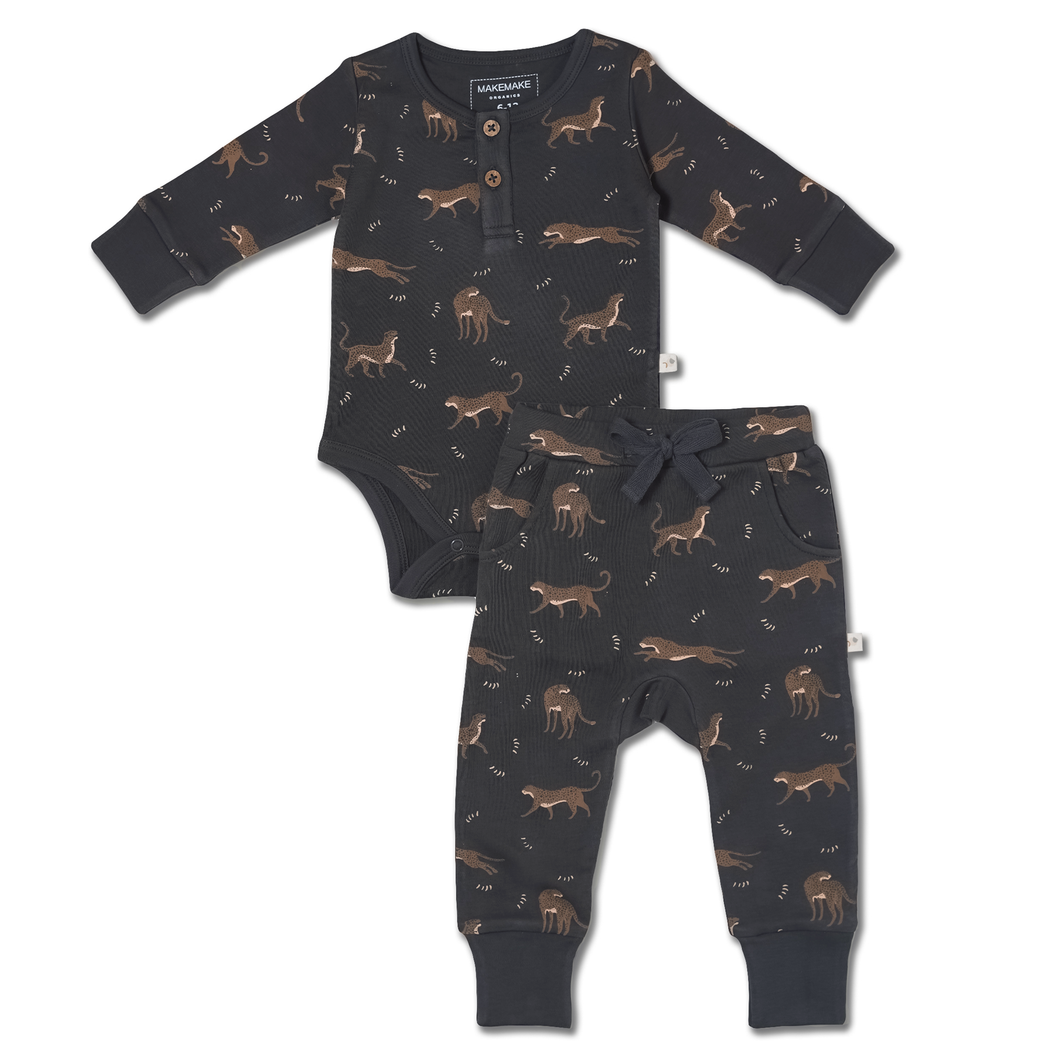 Organic Button Onesie & Pants Set - Leopard: 6-12M